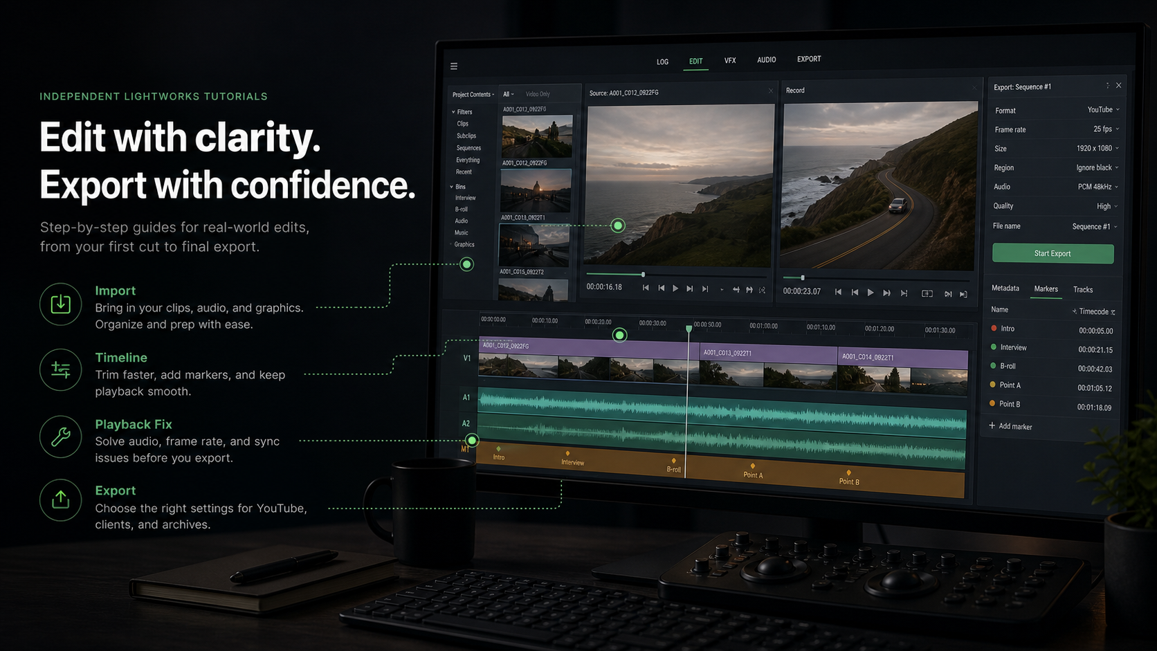 Lightworks workflow banner with timeline editing export settings markers and playback troubleshooting areas
